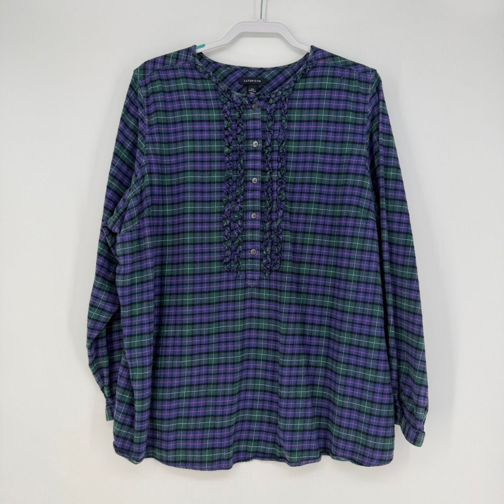 Lands End Blouse Women 3X Blue Green Purple Plaid Ruffle Henley Flannel Academia